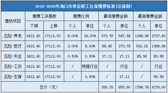 海口市企业职工社会保险缴费标准