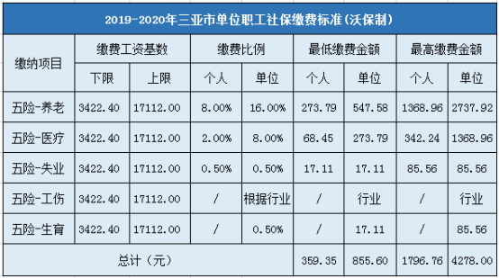 三亚市企业职工社会保险缴费标准