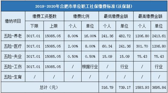 2019-2020年合肥市企业职工社会保险缴费标准