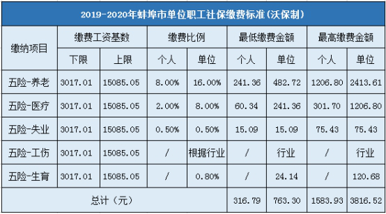 2019-2020年蚌埠市企业职工社会保险缴费标准
