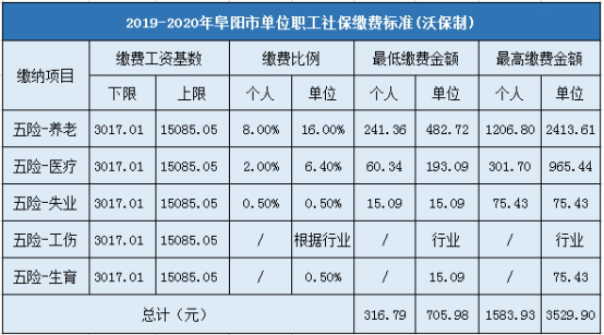 2019-2020年阜阳市企业职工社会保险缴费标准