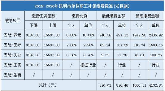 2019-2020年昆明市企业职工社会保险缴费标准