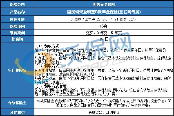 国民蚂蚁盈利宝B款年金险(互联网专属)测评，条款介绍+案例