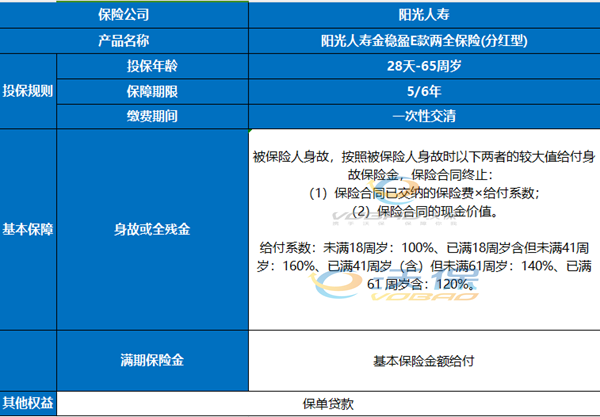 阳光人寿金稳盈E款两全保险(分红型)介绍，附6年交满期收益钱一览表