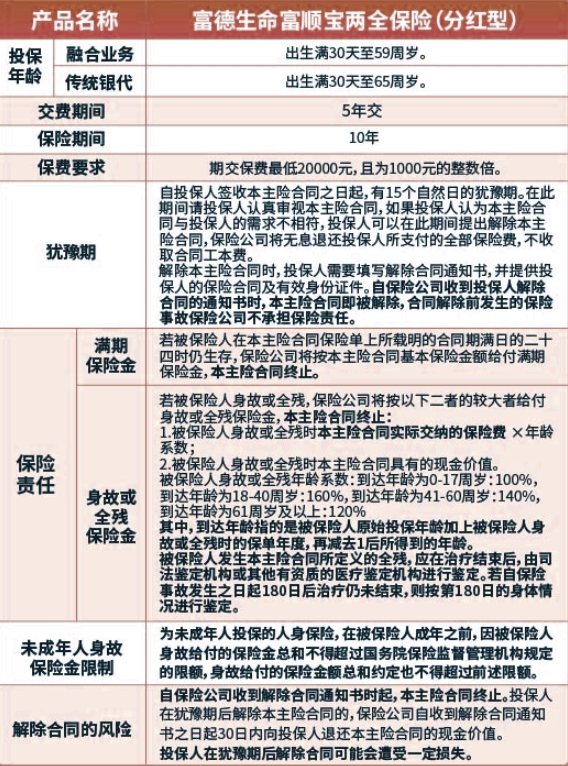 富德生命富顺宝两全保险(分红型)介绍，附保10年最新满期现金价值收益