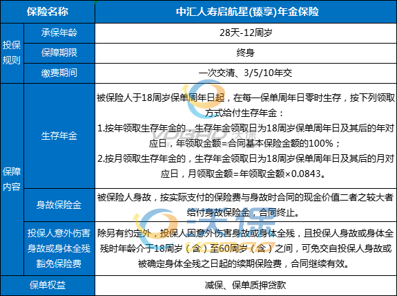 中汇人寿启航星(臻享)年金保险产品介绍，利益演示+现金价值